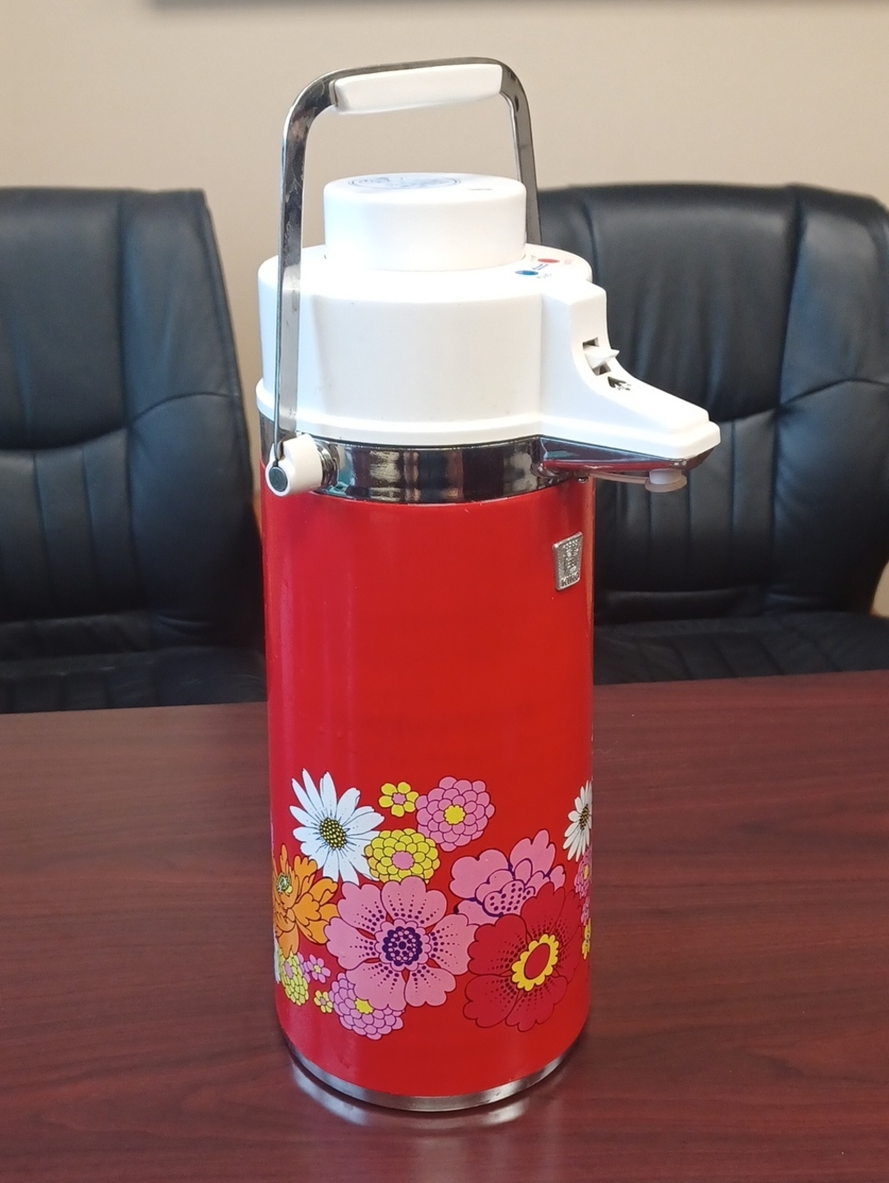 Red Floral Insulated Airpot Coffee Or Hot Beverage Dispenser, Vintage